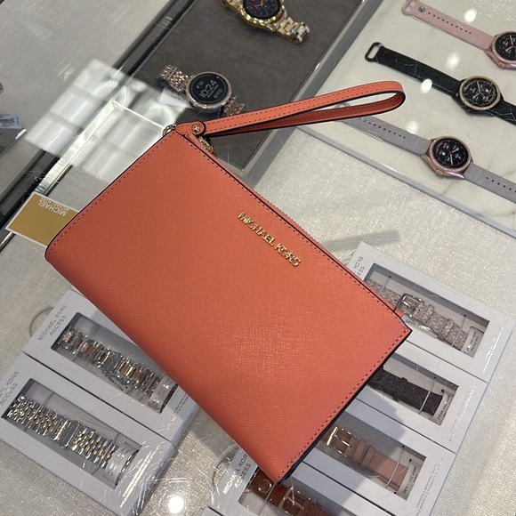 Michael Kors Jet Set Travel Leather Large Double Zip Wallet Wristlet Sherbert - Picture 5 of 16